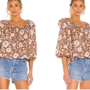 Free People Miss Daisy Top SZ XS Blouson Sleeves Floral Peasant Brown Tan NWT